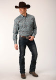 Roper Mens Long Sleeve Button Turquoise Mine Paisley Western Shirt Tall Fit - Roper