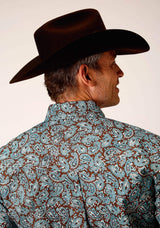 Roper Mens Long Sleeve Button Turquoise Mine Paisley Western Shirt Tall Fit - Roper - Flyclothing LLC