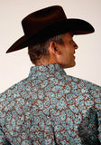 Roper Mens Long Sleeve Button Turquoise Mine Paisley Western Shirt Tall Fit - Roper