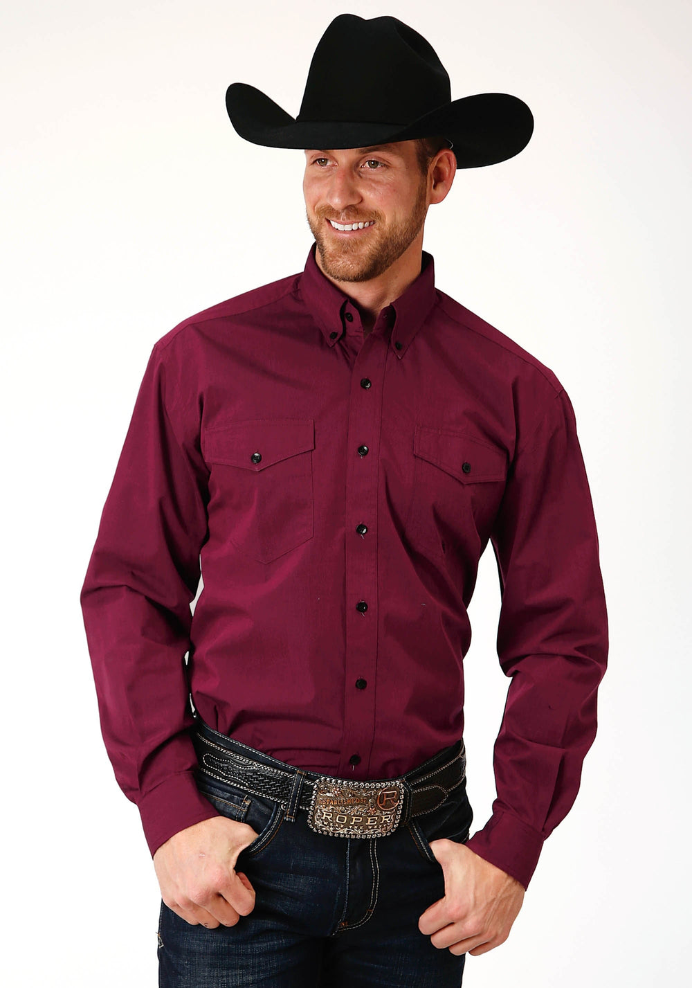 Roper Mens Long Sleeve Button Solid Black Fill Wine Western Shirt Tall Fit - Roper
