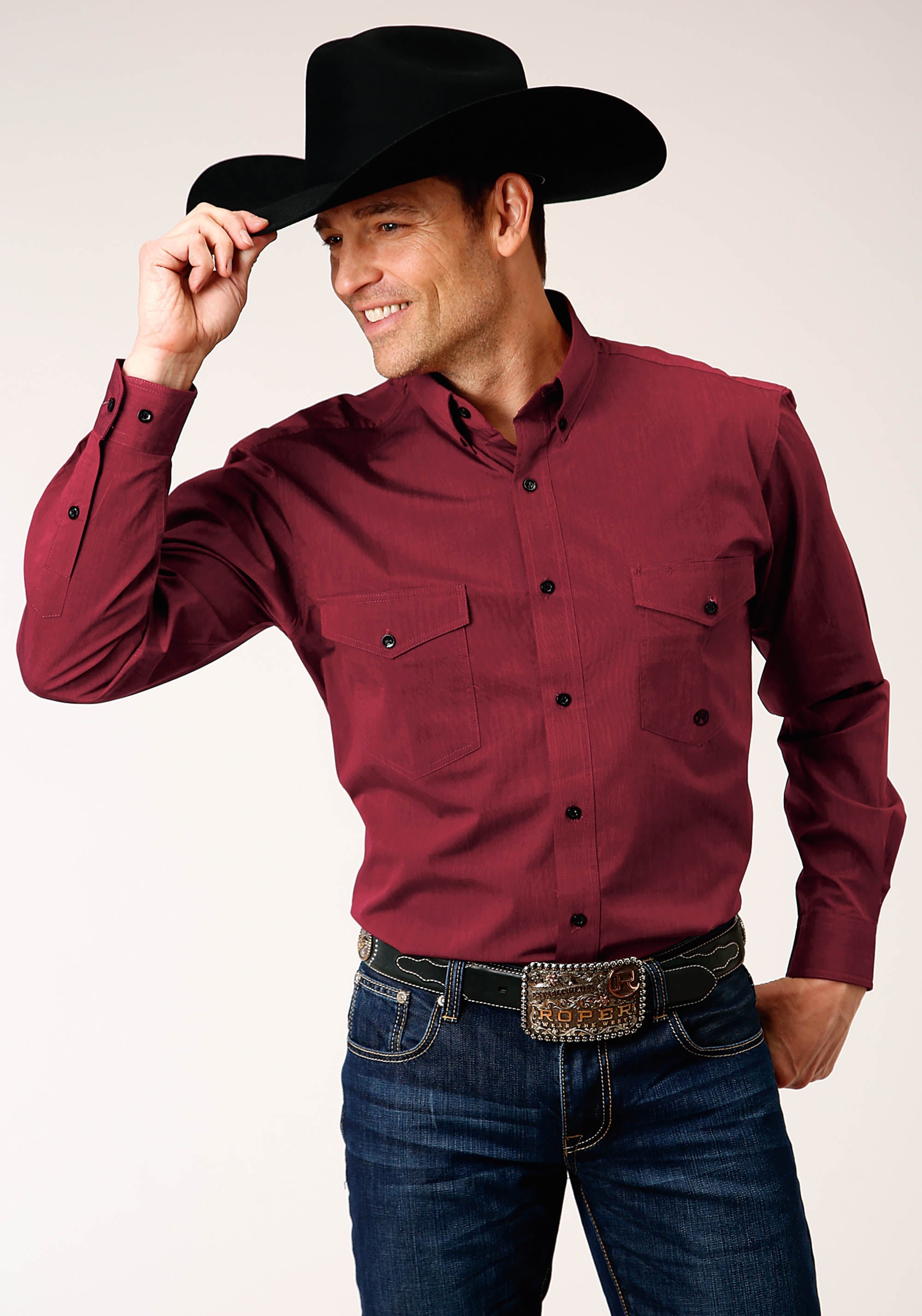 Roper Mens Long Sleeve Button Black Fill Solid Red Western Shirt Tall Fit