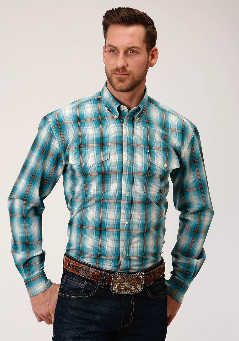 Roper Mens Long Sleeve Button Teal Ombre Western Shirt Tall Fit - Roper