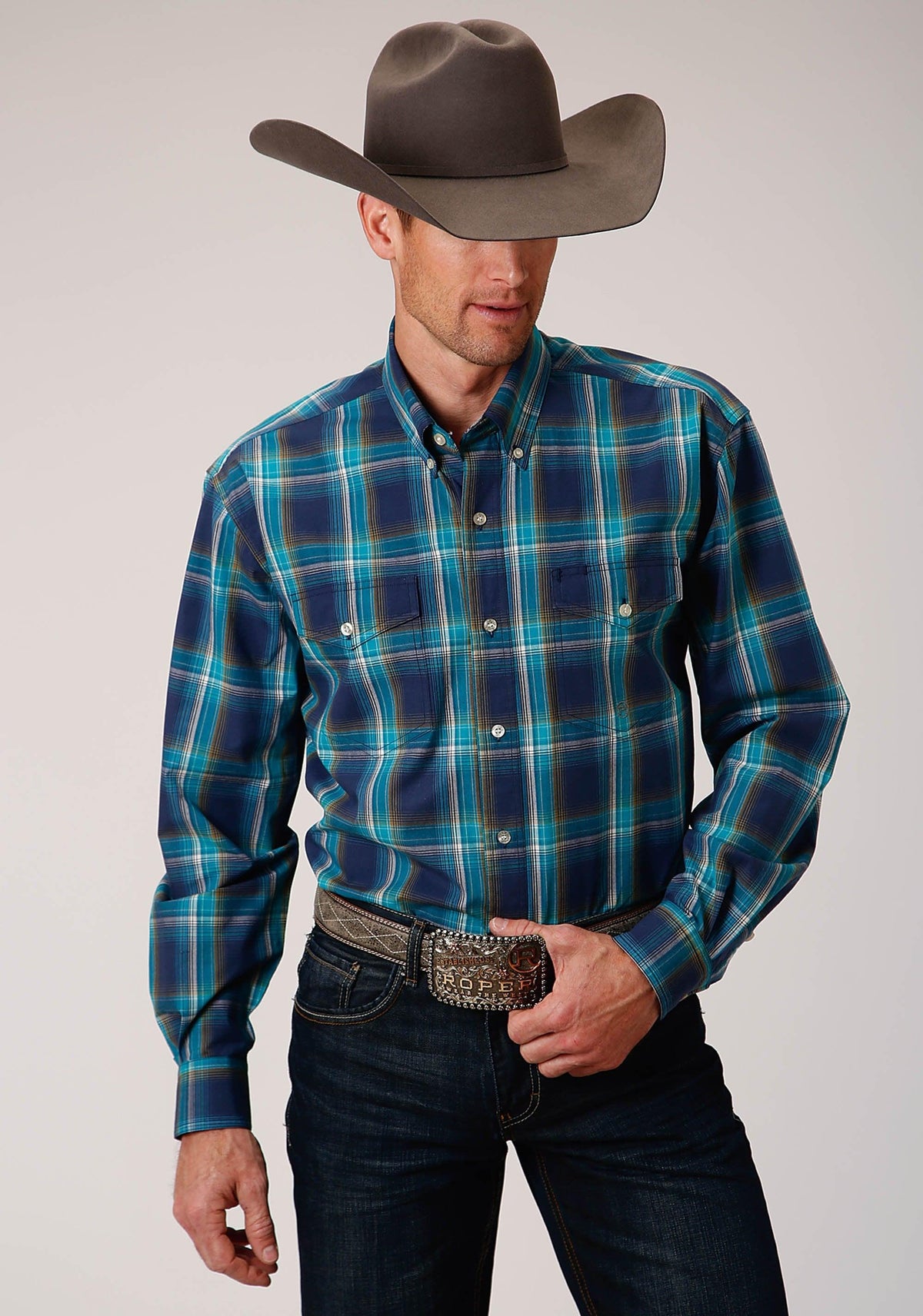 ROPER MENS BLUE PURPLE AND GREEN PLAID LONG SLEEVE BUTTON WESTERN SHIRT TALL FIT - Flyclothing LLC