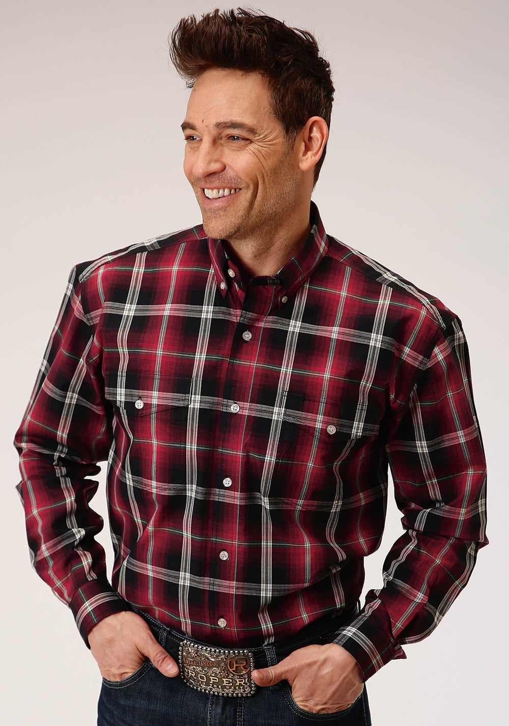 Roper Mens Long Sleeve Button Saddle Plaid Western Shirt Tall Fit - Roper