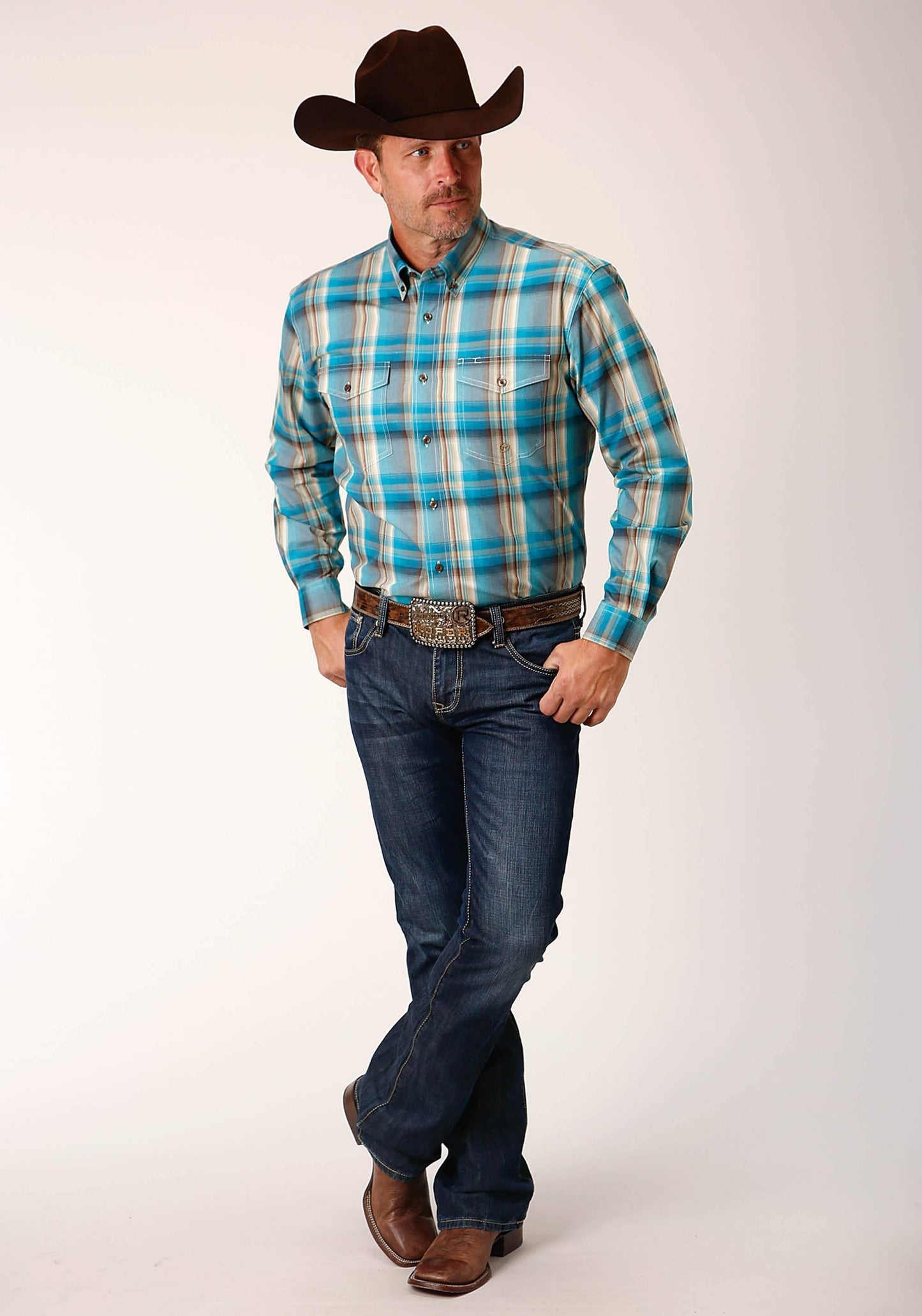 Roper Mens Long Sleeve Button Sandy Turquoise Plaid Western Shirt Tall Fit - Roper - Flyclothing LLC