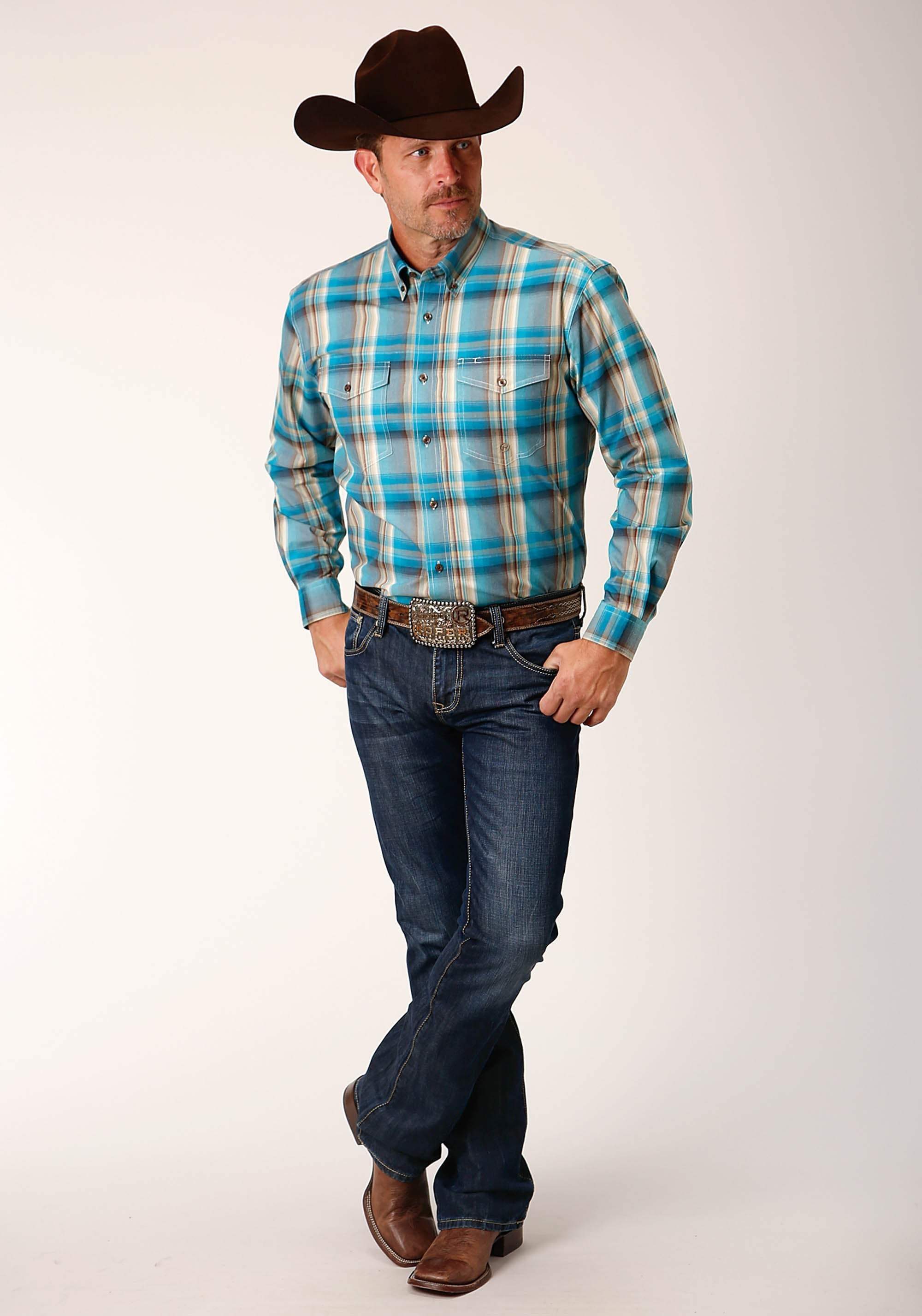 Roper Mens Long Sleeve Button Sandy Turquoise Plaid Western Shirt Tall Fit - Roper - Flyclothing LLC