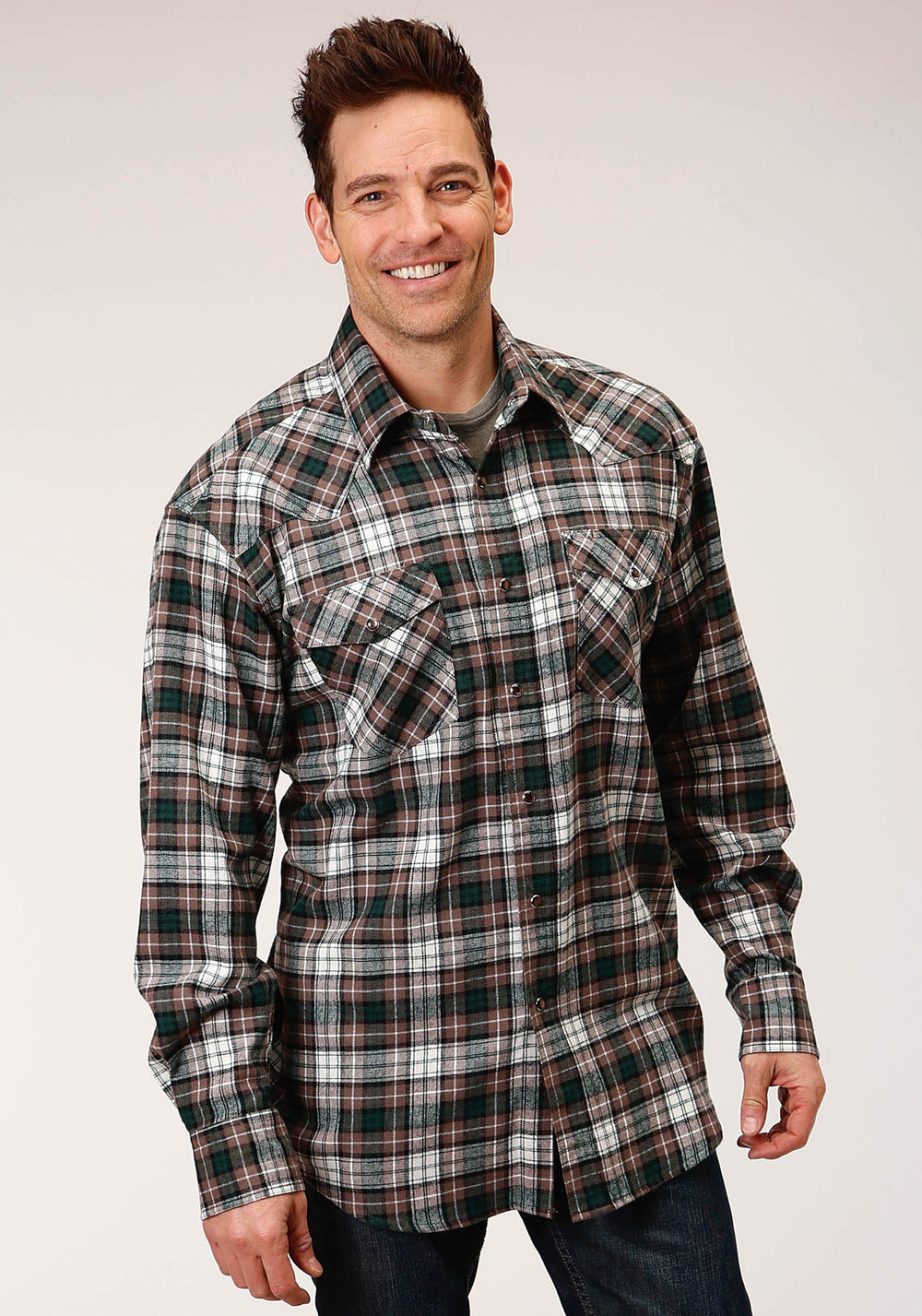 Roper Mens Long Sleeve Snap Unlined Flannel Plaid Shirt Western Shirt Tall Fit - Roper