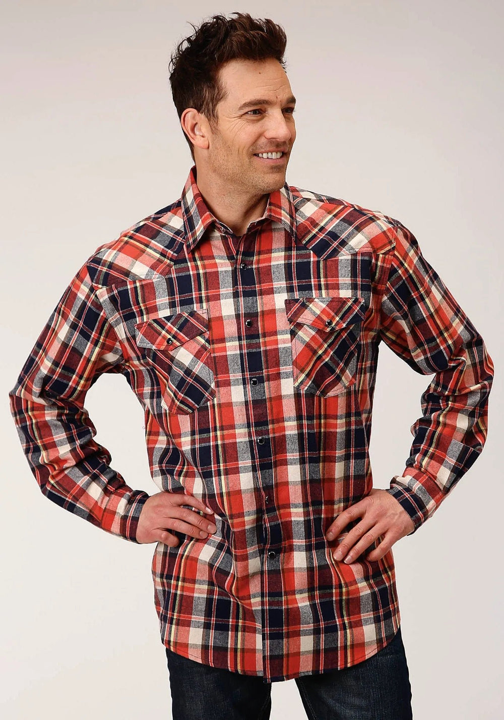 Roper Mens Long Sleeve Snap Unlined Flannel Plaid Shirt Western Shirt Tall Fit - Roper