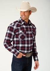 Roper Mens Blue Red And White Plaid Long Sleeve Snap Western Shirt Tall Fit