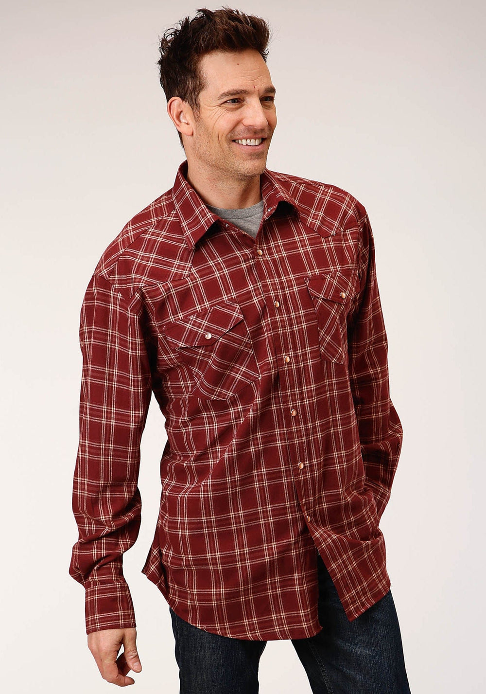 Roper Mens Long Sleeve Snap Unlined Flannel Plaid Shirt Western Shirt Tall Fit - Roper