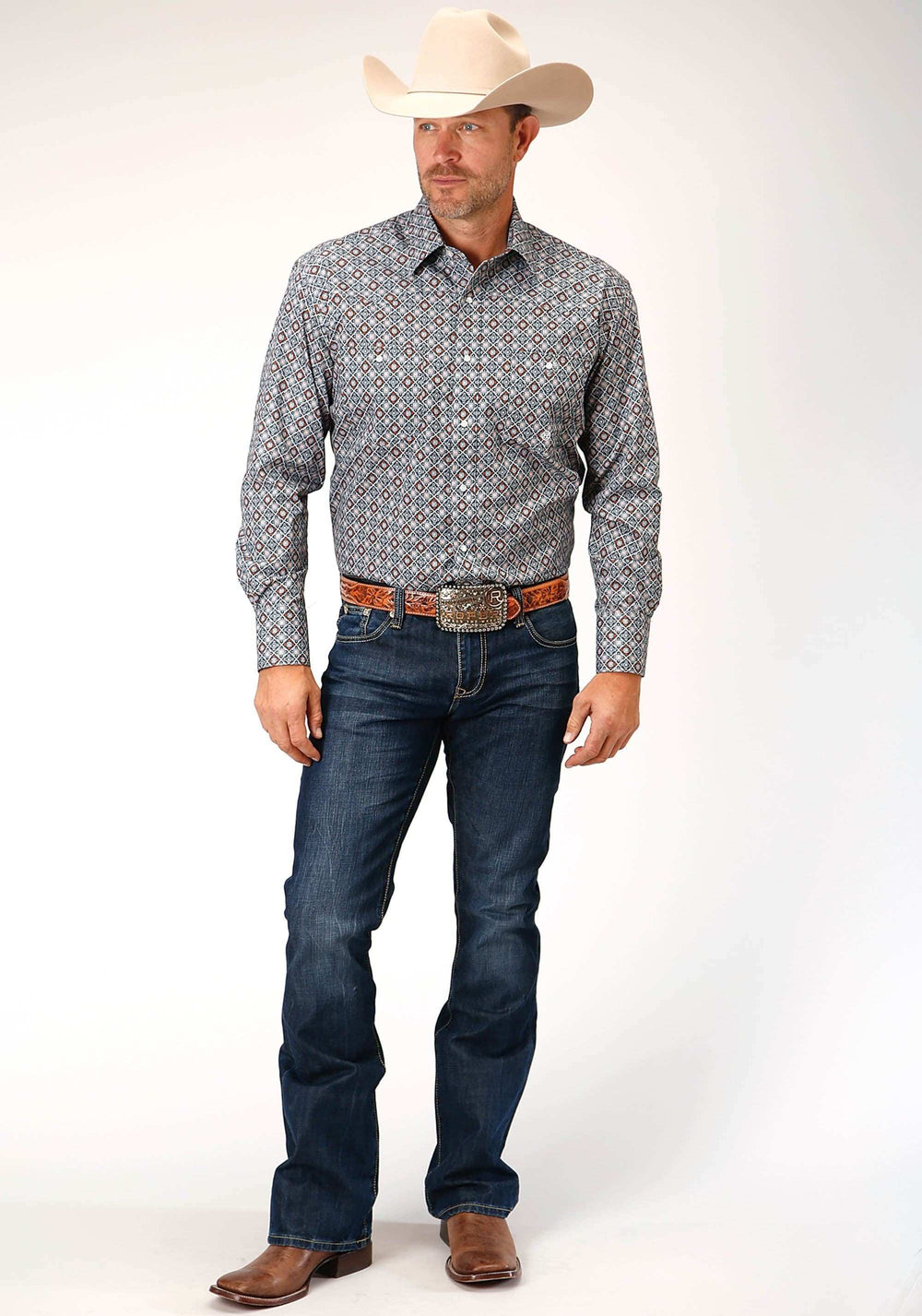 Roper Mens Long Sleeve Snap Silver Foulard Western Shirt Tall Fit - Roper - Flyclothing LLC