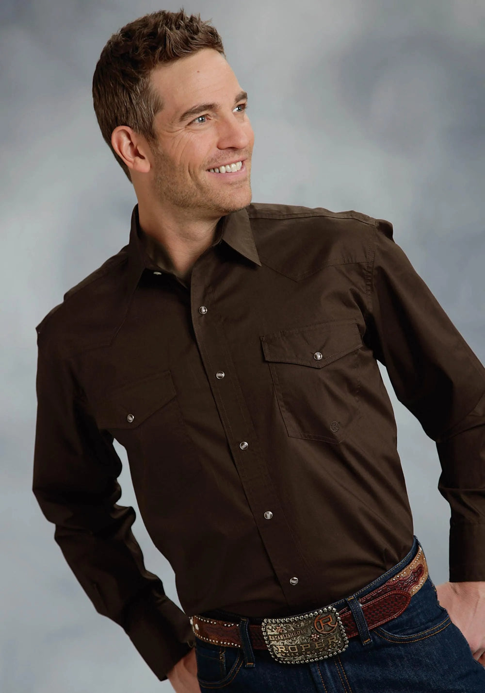 Roper Mens Brown Solid Long Sleeve Western Snap Shirt Tall Fit - Roper
