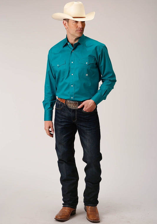 Roper Mens Long Sleeve Snap Solid Poplin Stretch Turquoise Western Shirt Tall Fit - Roper