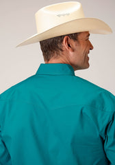 Roper Mens Long Sleeve Snap Solid Poplin Stretch Turquoise Western Shirt Tall Fit - Roper