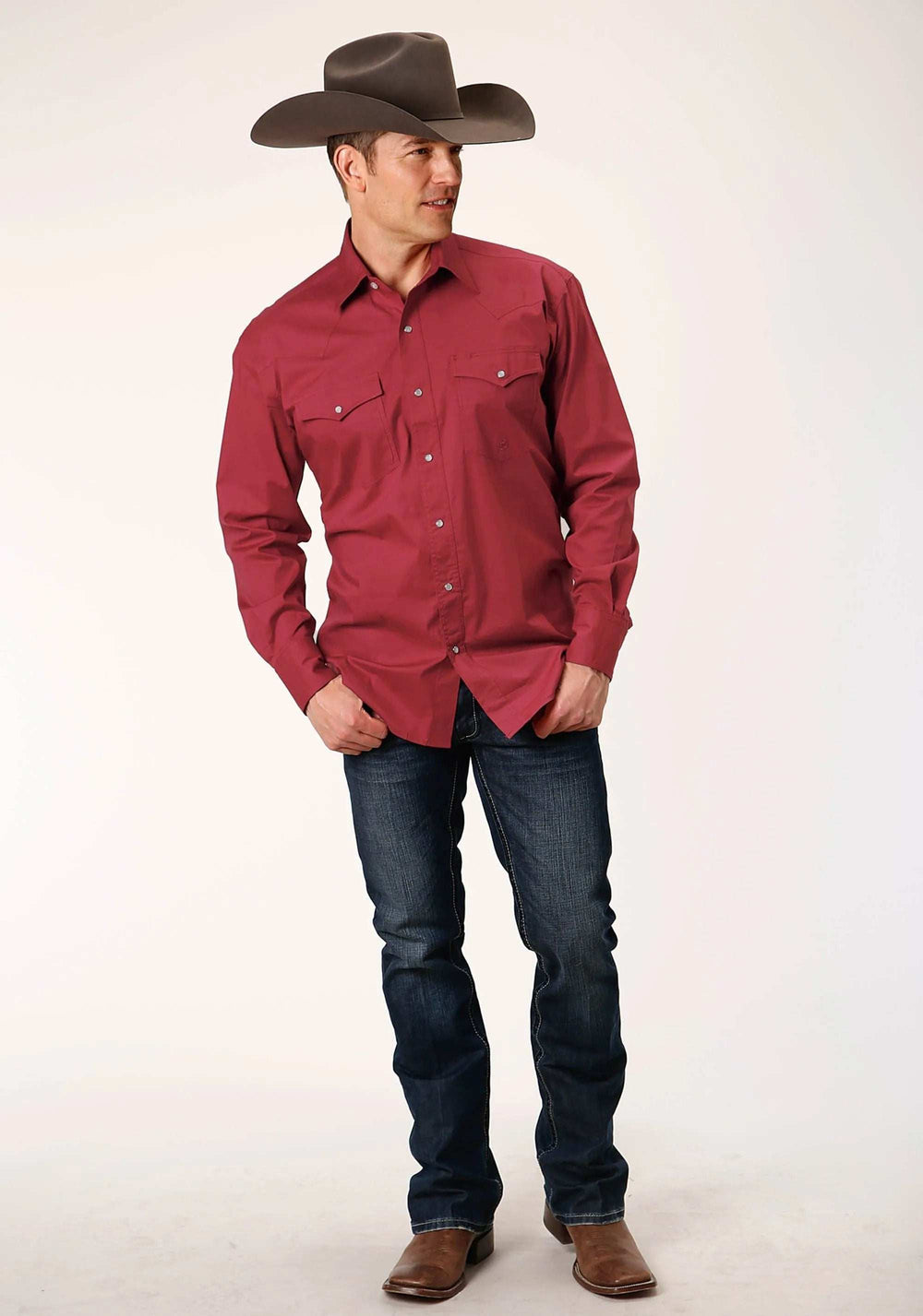 Roper Mens Long Sleeve Snap Stretch Poplin Red Western Shirt Tall Fit - Roper - Flyclothing LLC