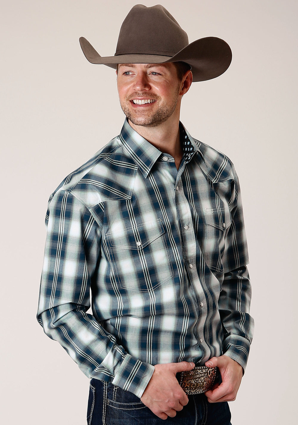 Roper Mens Long Sleeve Snap Blue West Plaid Western Shirt Tall Fit - Roper