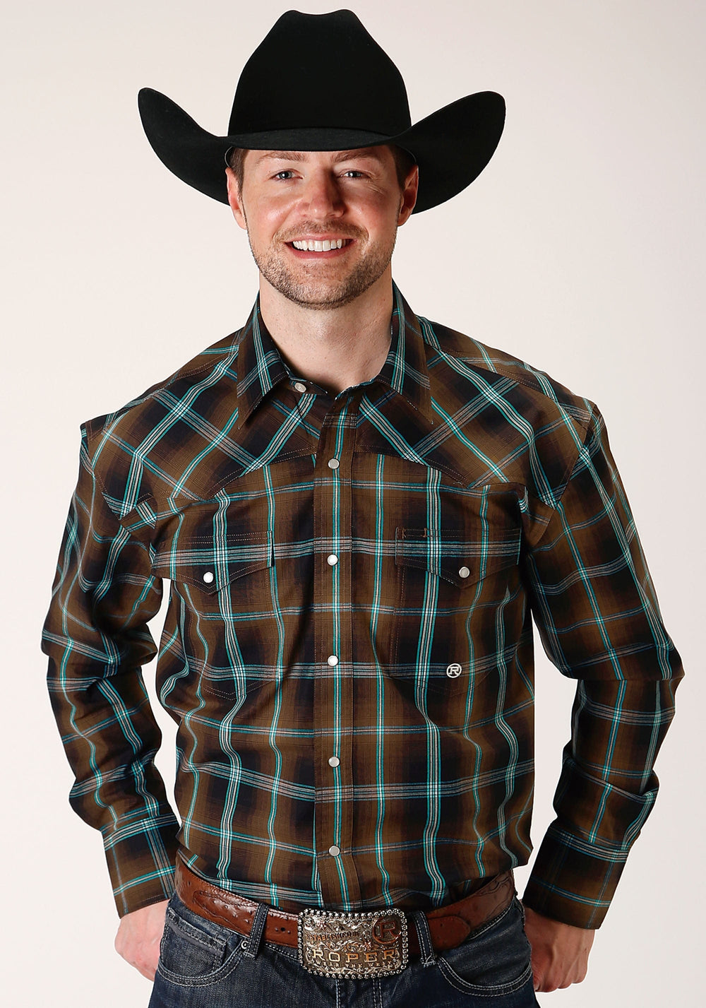 Roper Mens Long Sleeve Snap Dark Chocolate Plaid Western Shirt Tall Fit - Roper