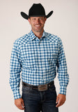 Roper Mens Long Sleeve Snap New Stretch Check Blue Western Shirt Tall Fit - Roper