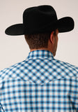 Roper Mens Long Sleeve Snap New Stretch Check Blue Western Shirt Tall Fit - Roper