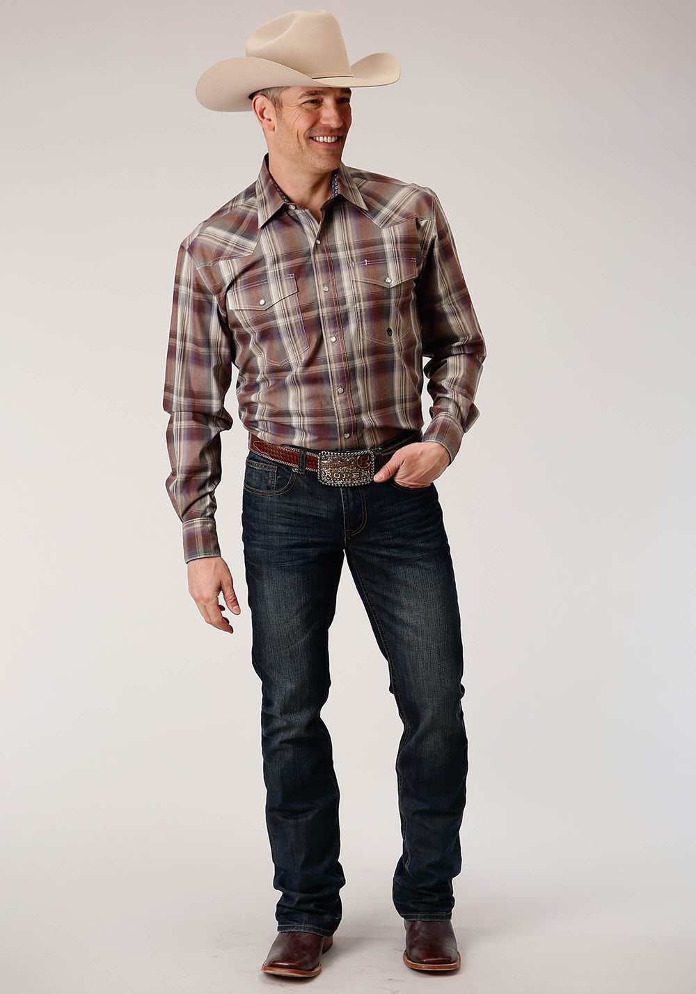 Roper Mens Long Sleeve Snap Cider Plaid Western Shirt Tall Fit - Roper