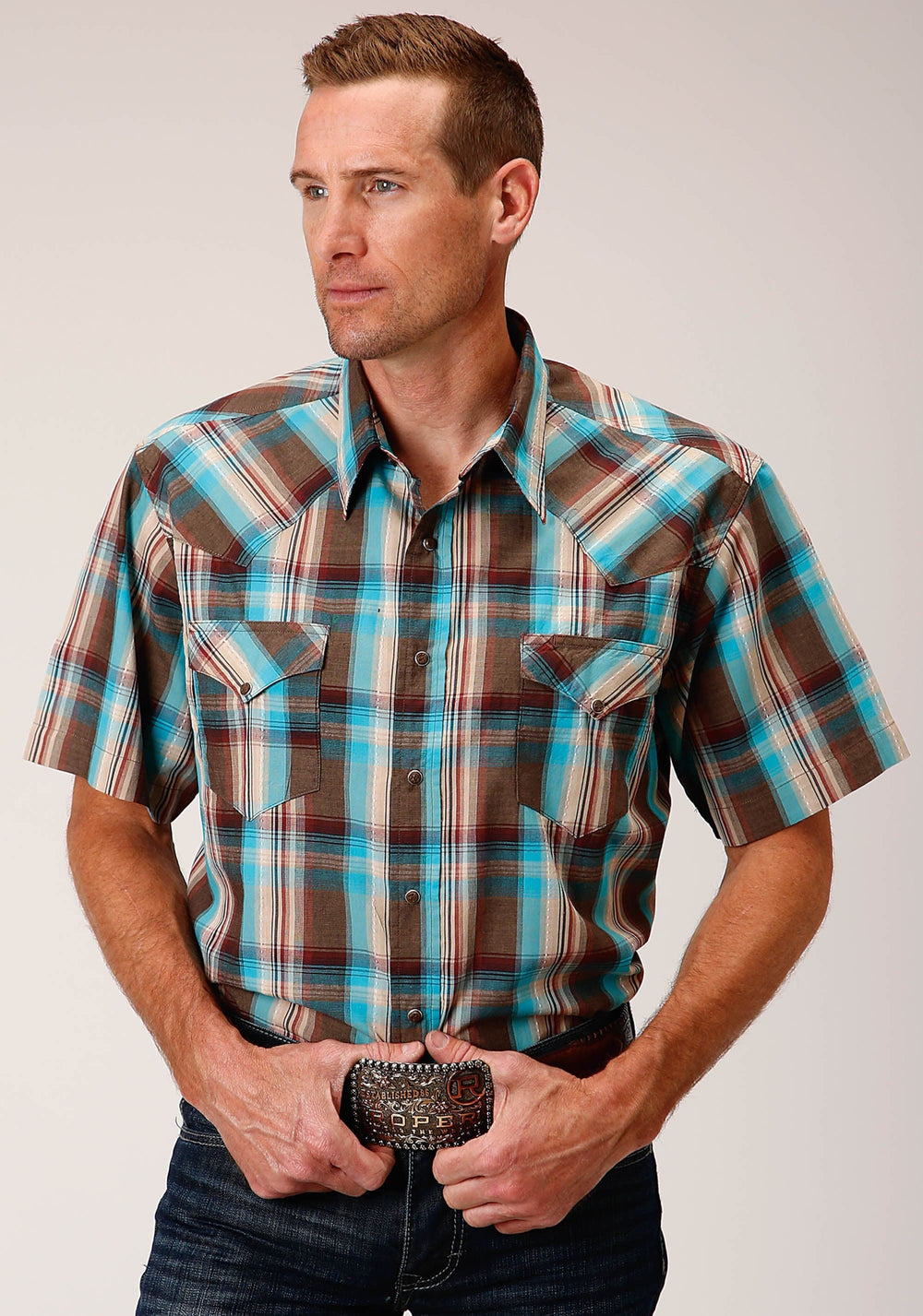 Roper Mens Short Sleeve Snap Desert Dobby Plaid Western Shirt - Roper