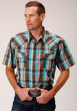 Roper Mens Short Sleeve Snap Desert Dobby Plaid Western Shirt - Roper