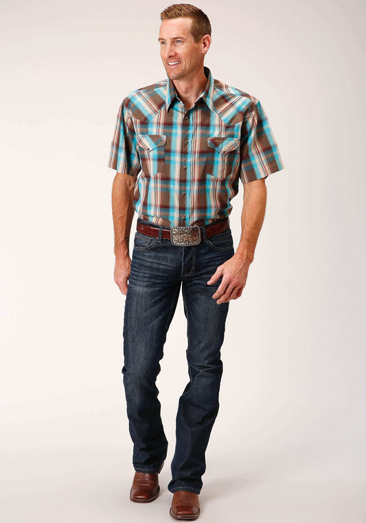 Roper Mens Short Sleeve Snap Desert Dobby Plaid Western Shirt - Roper - Flyclothing LLC