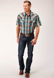 Roper Mens Short Sleeve Snap Desert Dobby Plaid Western Shirt - Roper