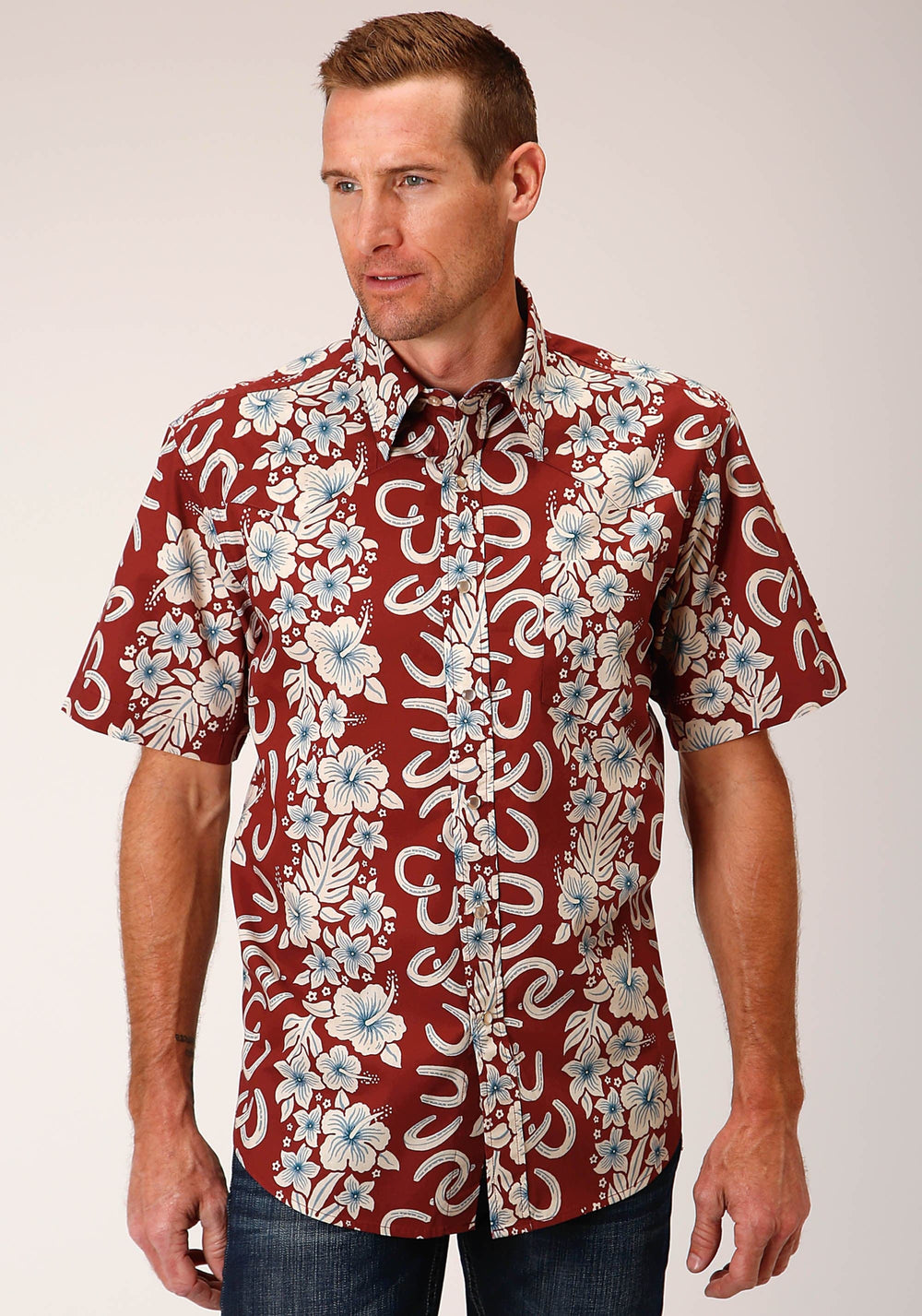Roper Mens Short Sleeve Snap Hawaiian Horseshoes Print Western Shirt - Roper