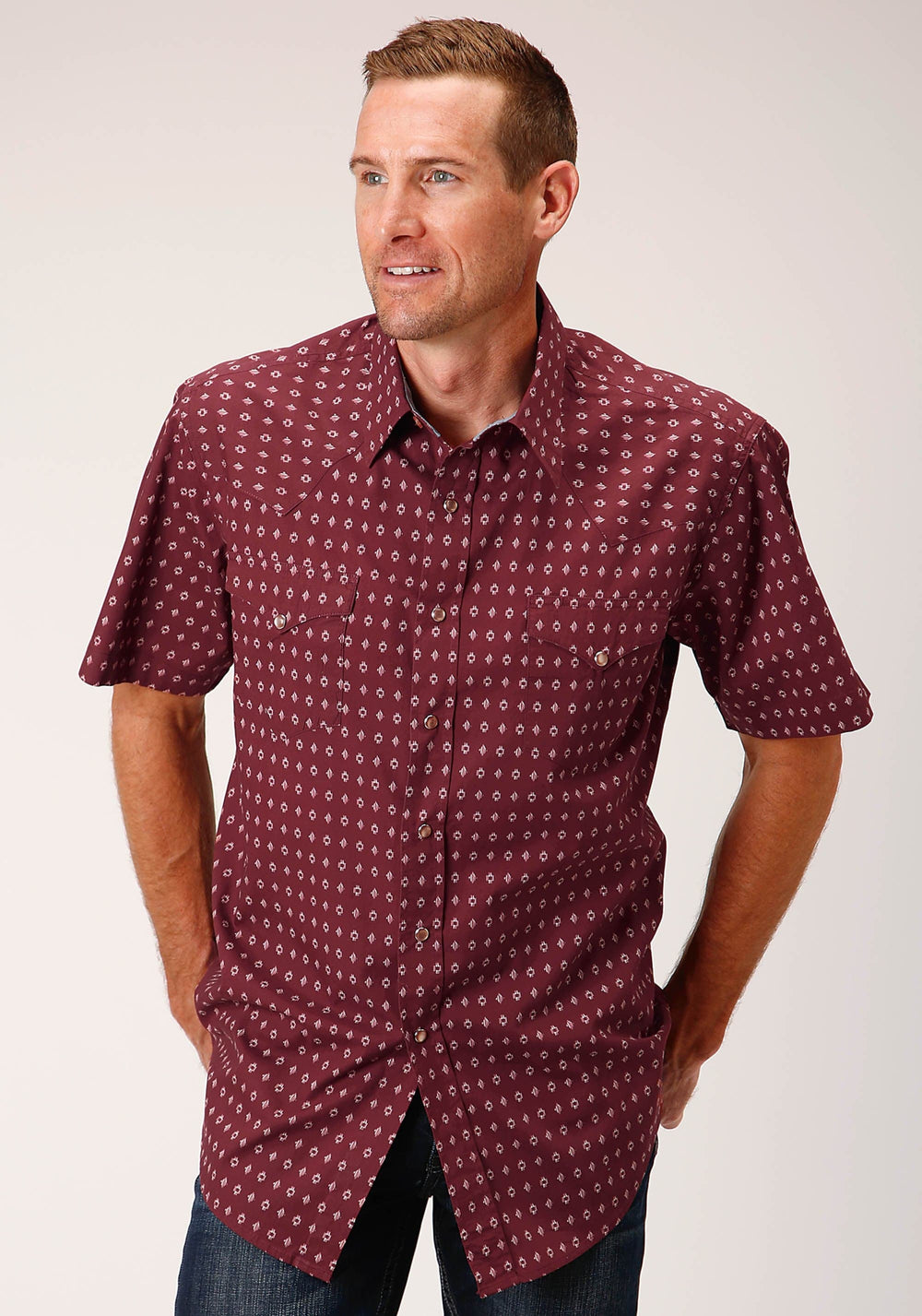 Roper Mens Short Sleeve Snap Texture Diamond Print Western Shirt - Roper