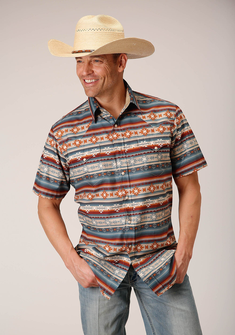 Roper Mens Short Sleeve Snap Sandstone Aztec Print Western Shirt - Roper