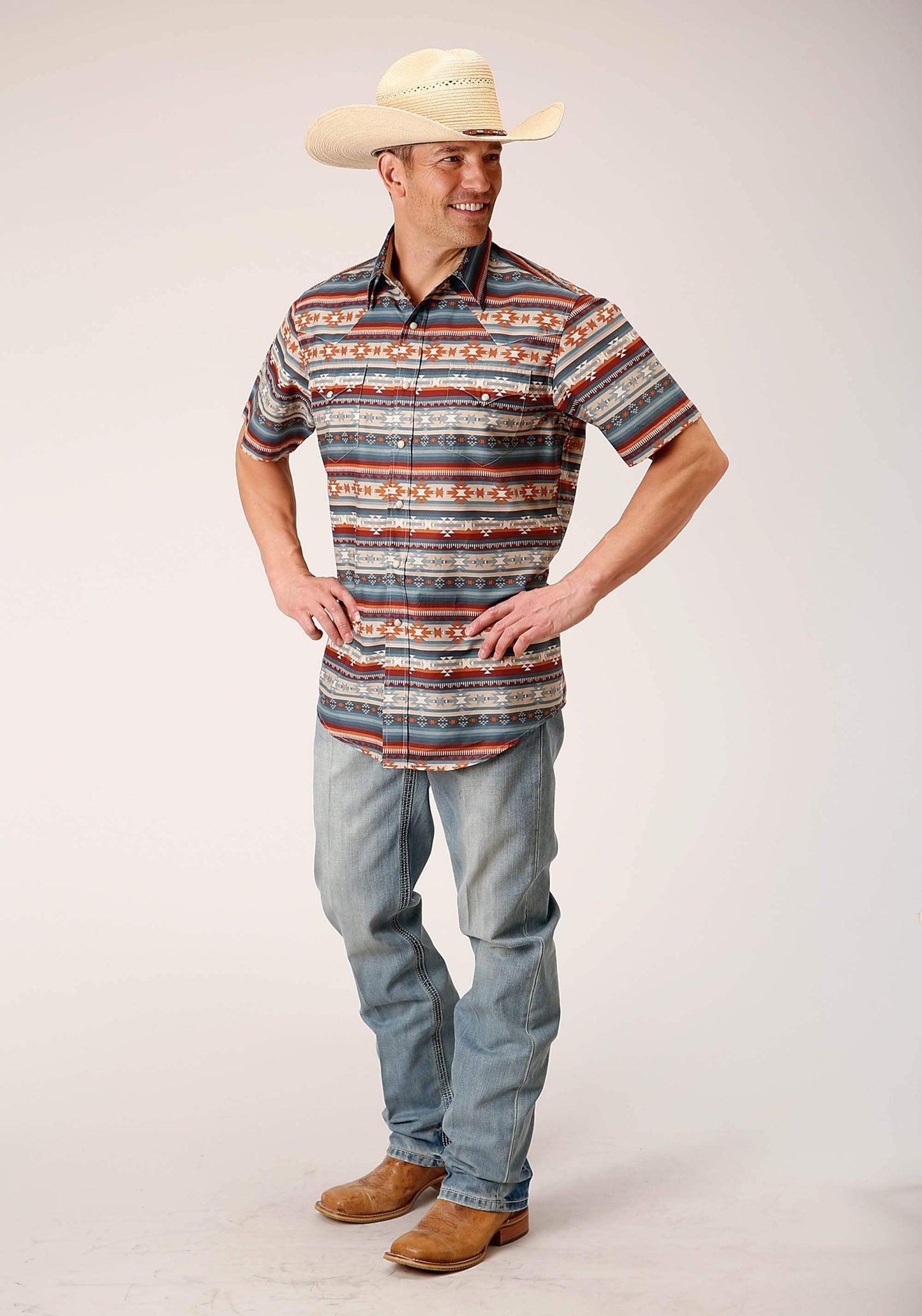 Roper Mens Short Sleeve Snap Sandstone Aztec Print Western Shirt - Roper - Flyclothing LLC