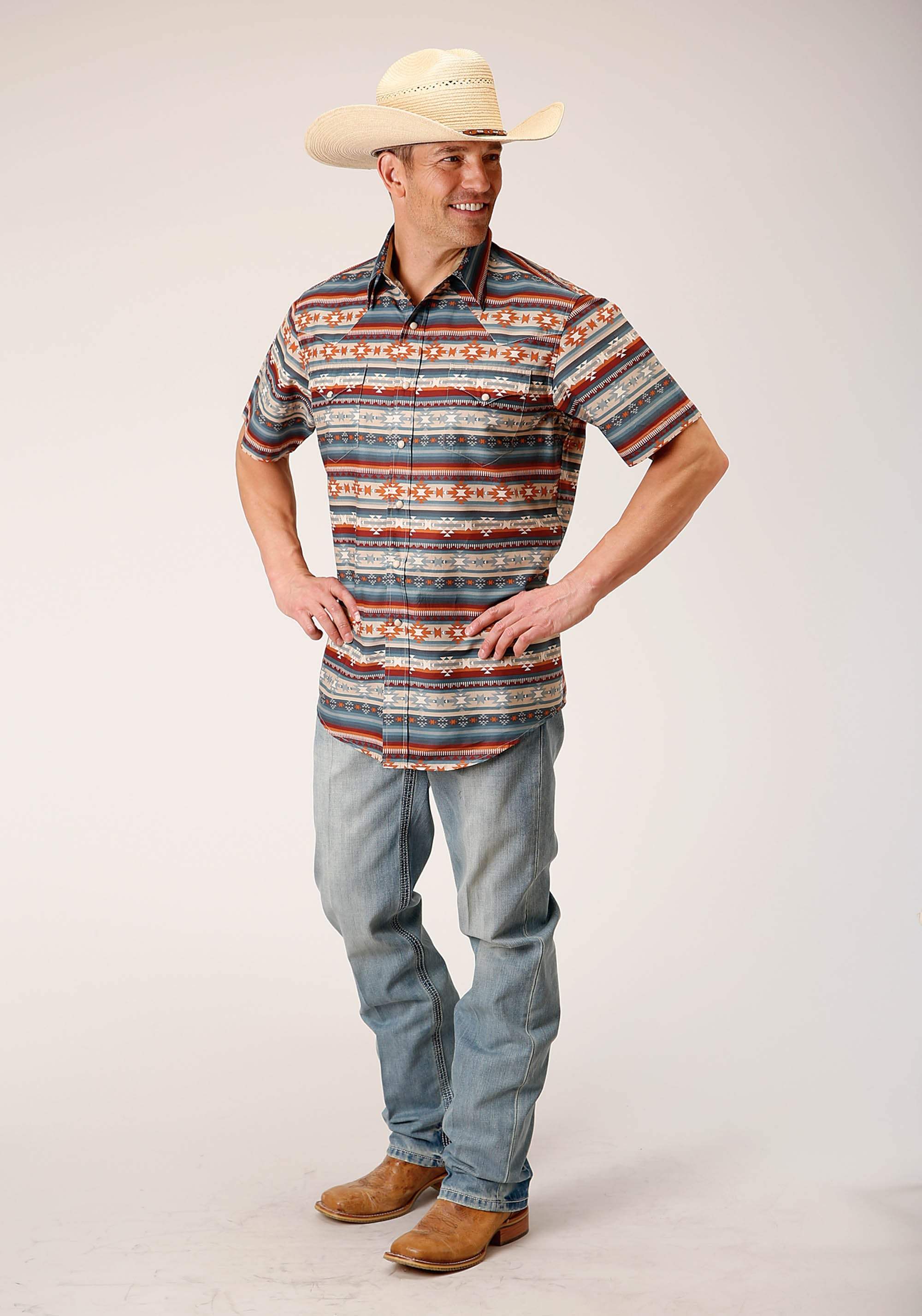 Roper Mens Short Sleeve Snap Sandstone Aztec Print Western Shirt - Roper - Flyclothing LLC