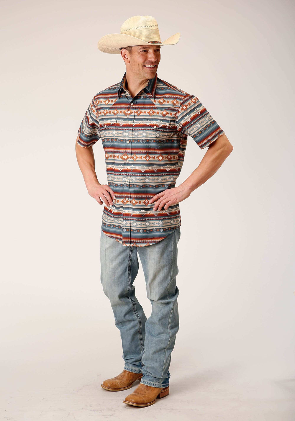 Roper Mens Short Sleeve Snap Sandstone Aztec Print Western Shirt - Roper - Flyclothing LLC