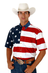 Roper Mens Red White And Blue Stars And Stripes Pieced American Flag Short Sleeve Western Snap Shirt - Roper