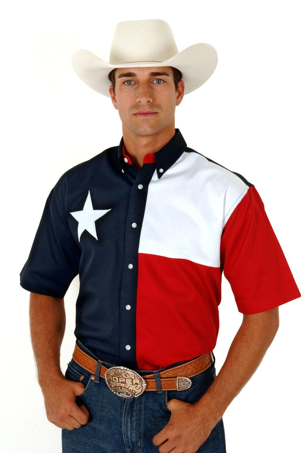 Roper Mens Red White And Blue Pieced Texas Flag Short Sleeve Western Snap Shirt - Roper
