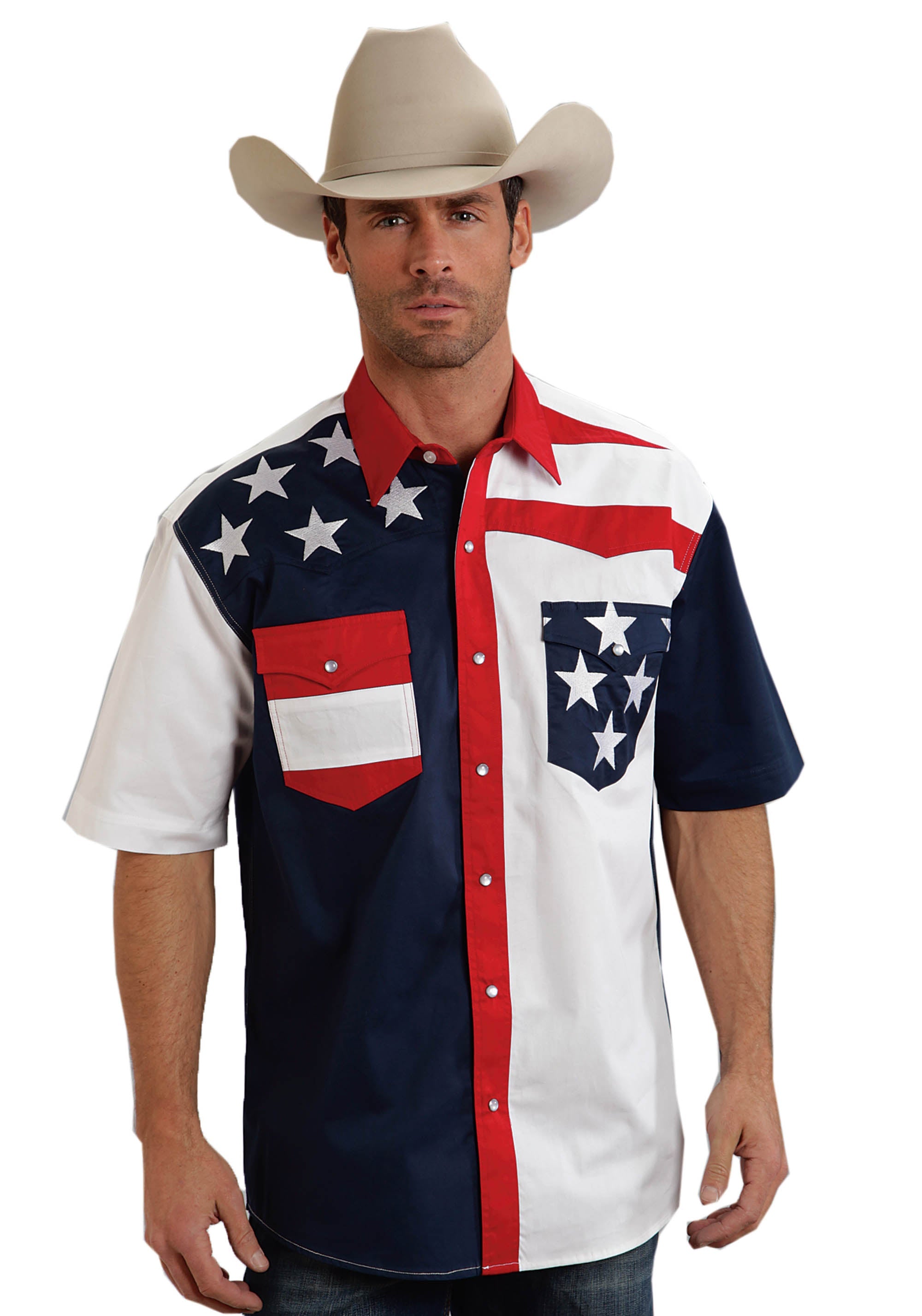 Roper Mens Red White And Blue Colorblocked Pieced Short Sleeve Western Snap Shirt