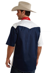 Roper Mens Red White And Blue Colorblocked Pieced Short Sleeve Western Snap Shirt