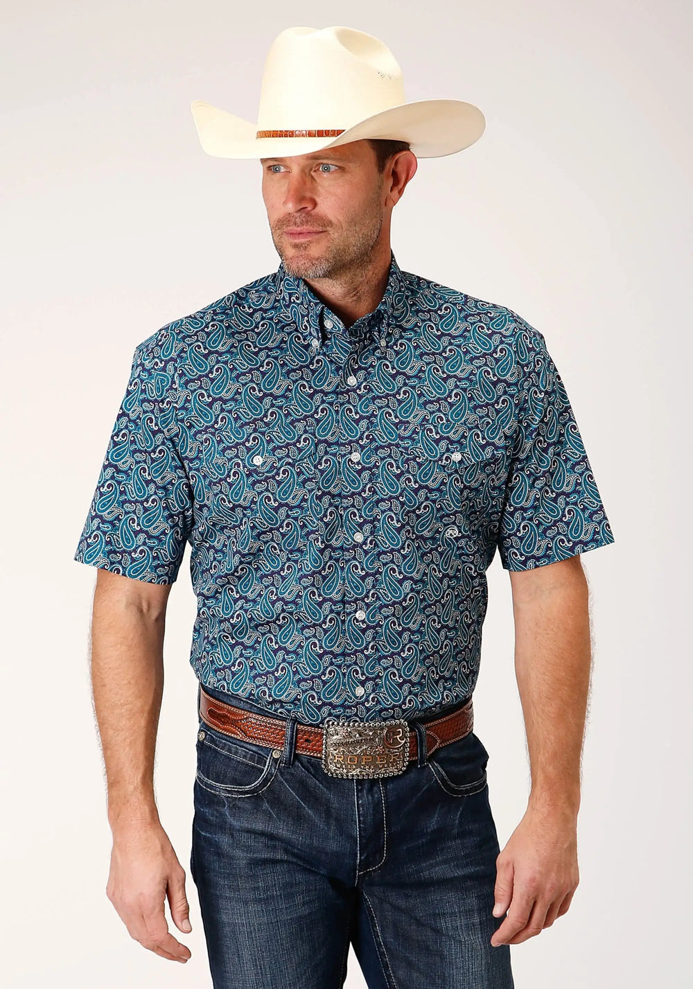 Roper Mens Short Sleeve Button Purple Sage Paisley Western Shirt - Roper