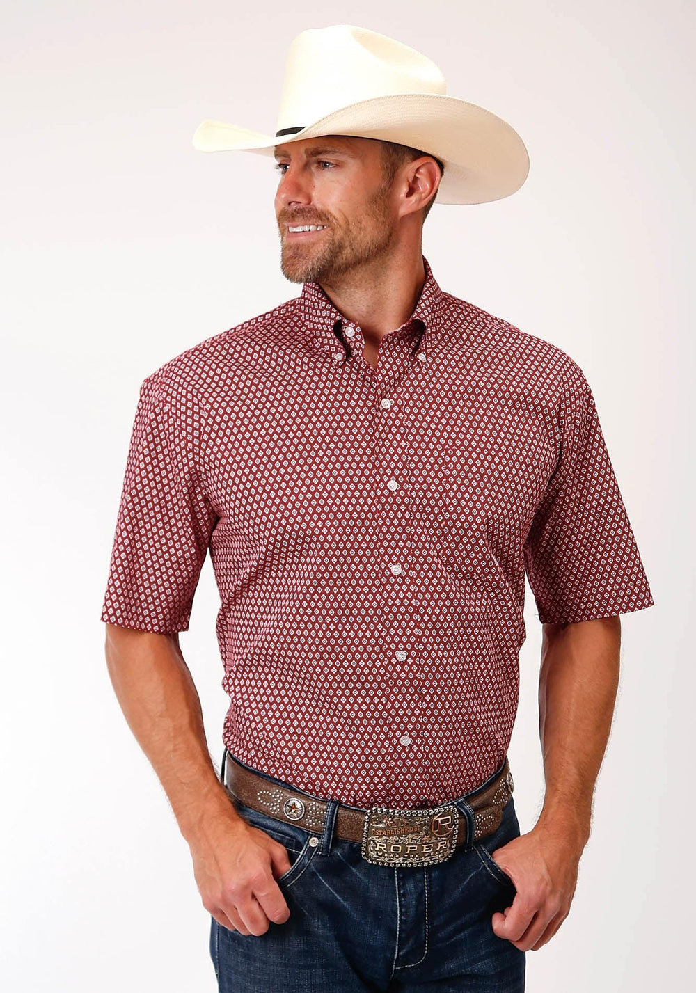 Roper Mens Red And White Foulard Print Short Sleeve Western Button Shirt - Roper