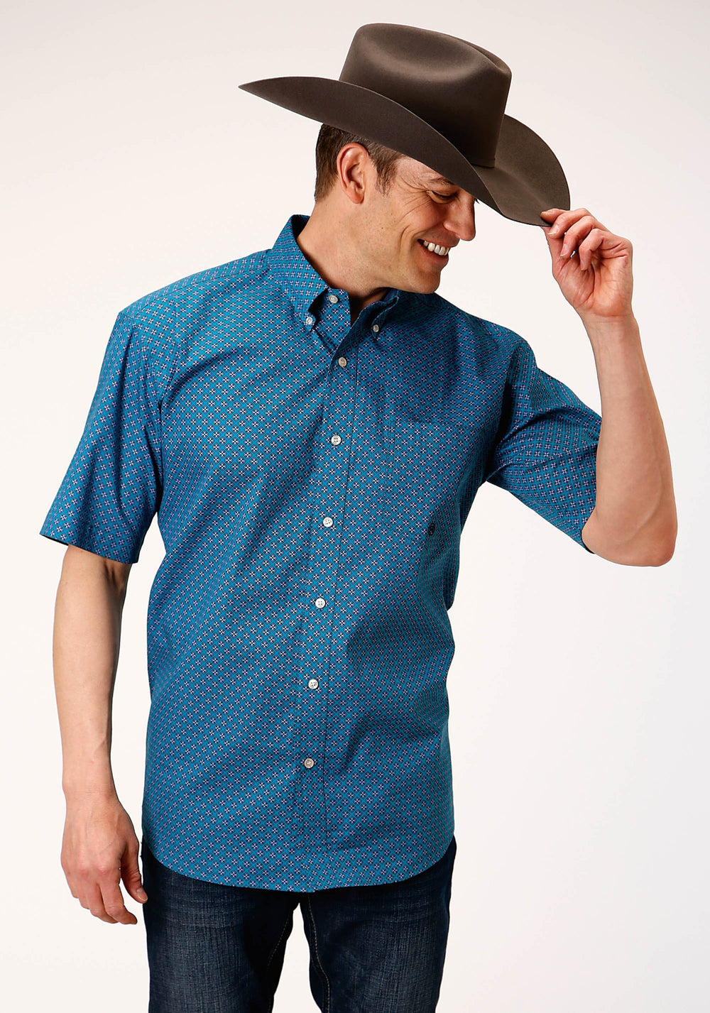 Roper Mens Short Sleeve Button Circuit Foulard Western Shirt - Roper