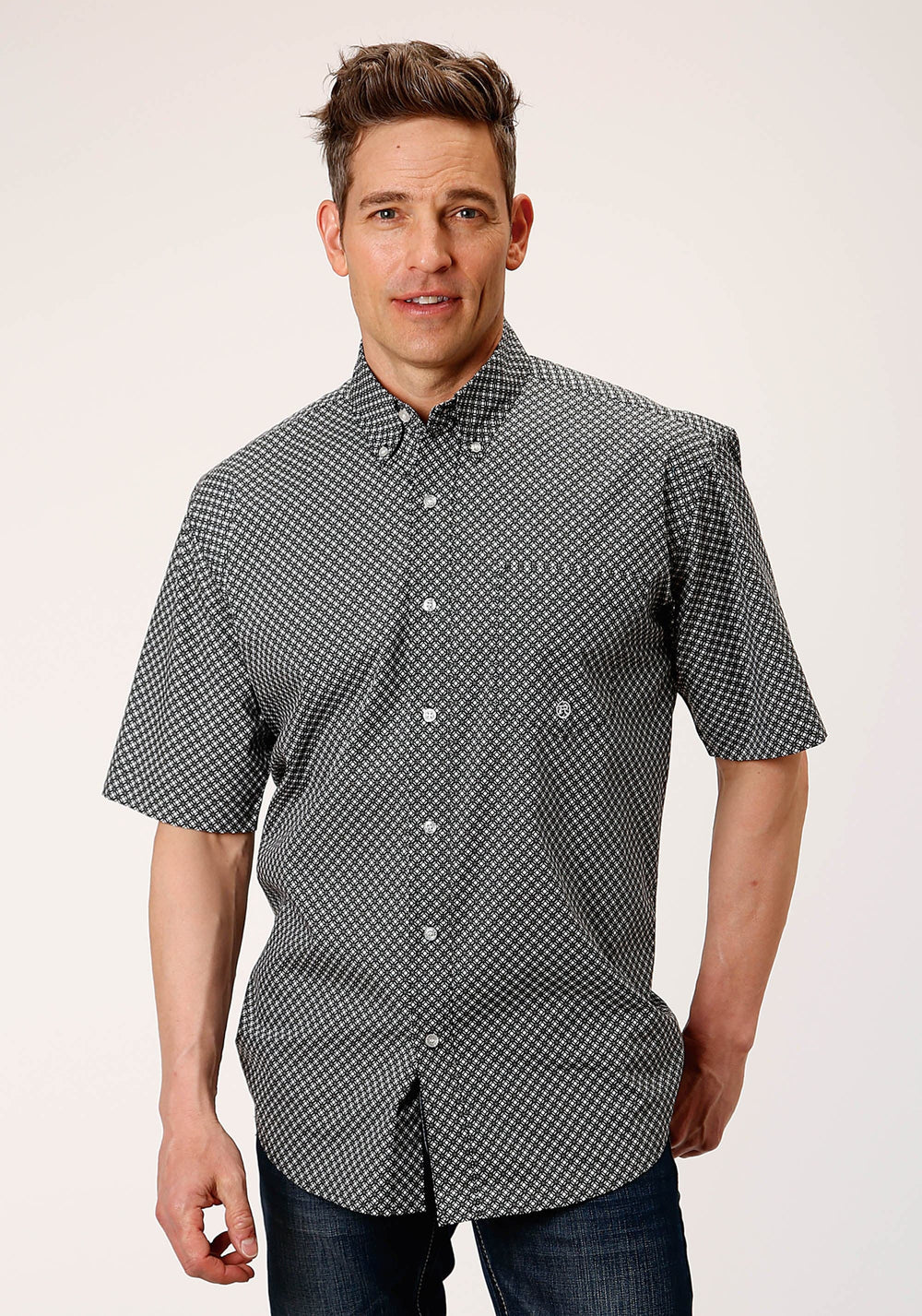 Roper Mens Short Sleeve Button Diamond Star Geo Western Shirt - Roper