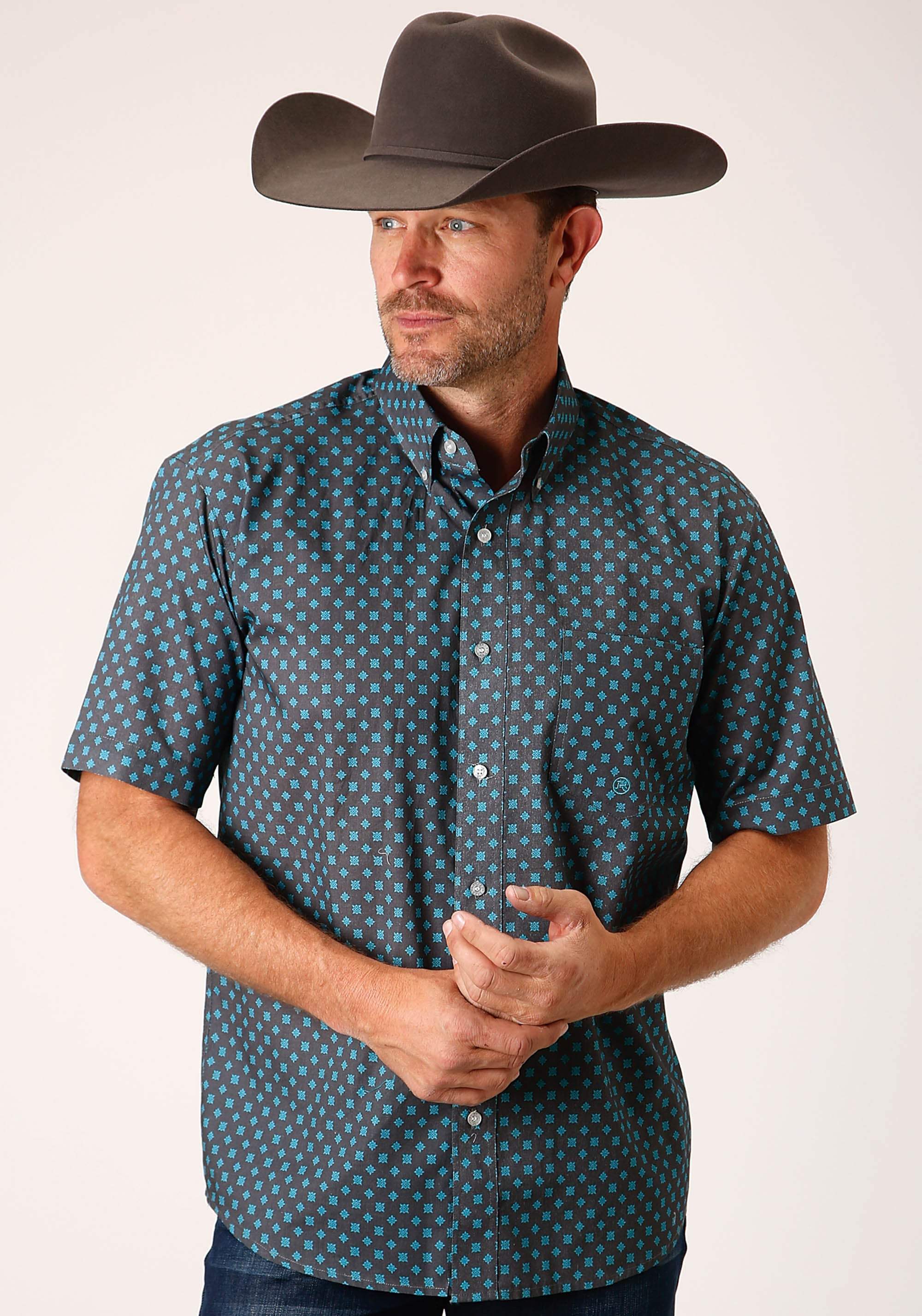Roper Mens Short Sleeve Button Grey Cottage Foulard Western Shirt - Roper - Flyclothing LLC