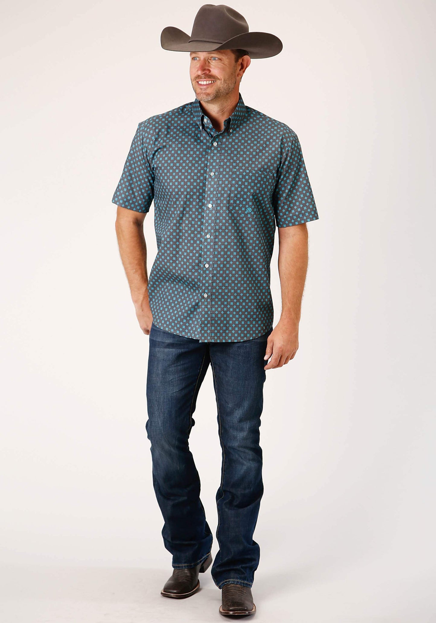 Roper Mens Short Sleeve Button Grey Cottage Foulard Western Shirt - Roper - Flyclothing LLC