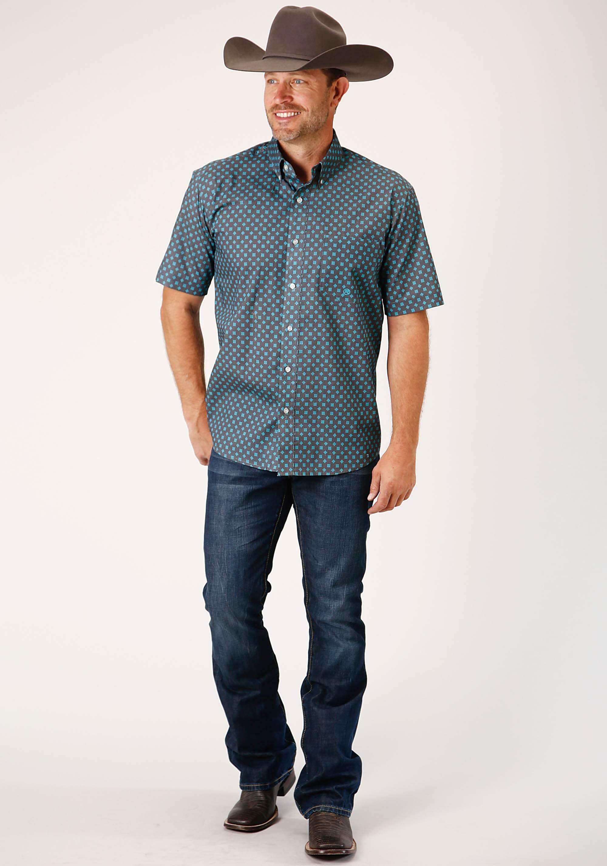 Roper Mens Short Sleeve Button Grey Cottage Foulard Western Shirt - Roper - Flyclothing LLC