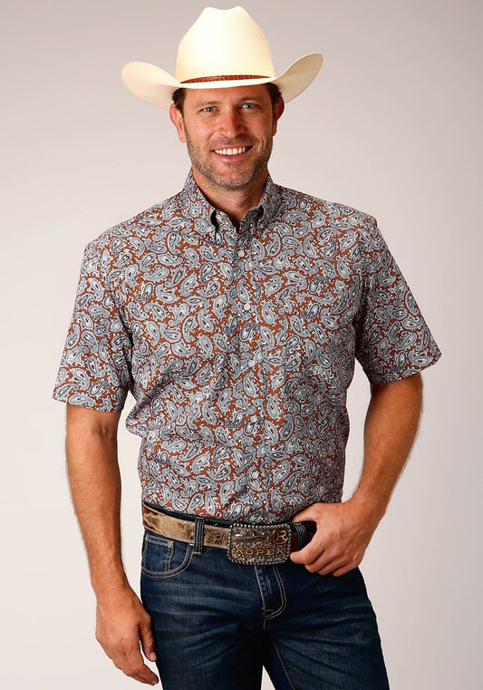 Roper Mens Short Sleeve Button Copper Spring Paisley Western Shirt - Roper