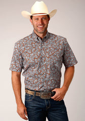 Roper Mens Short Sleeve Button Copper Spring Paisley Western Shirt - Roper