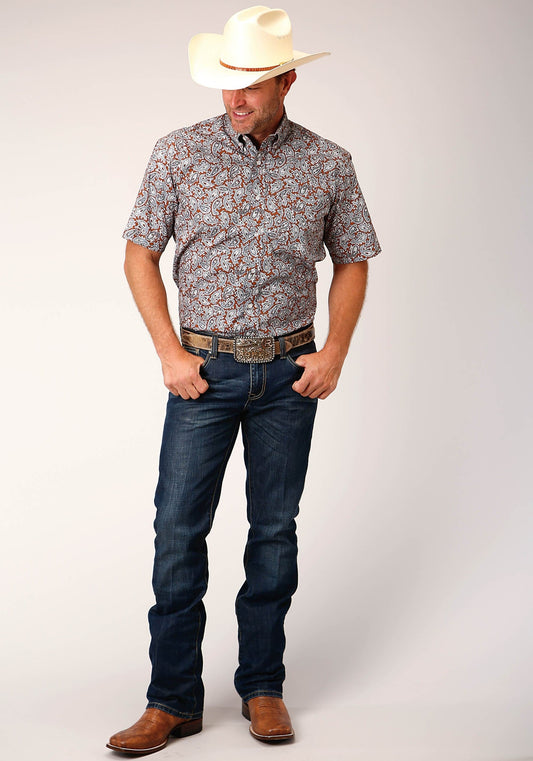 Roper Mens Short Sleeve Button Copper Spring Paisley Western Shirt - Roper