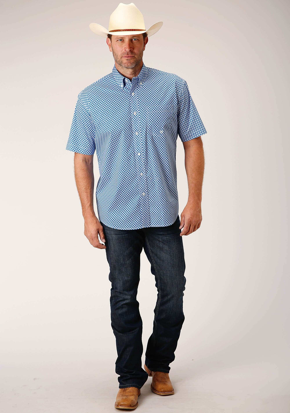 Roper Mens Short Sleeve Button Diamond Star Geo Blue Western Shirt - Roper - Flyclothing LLC