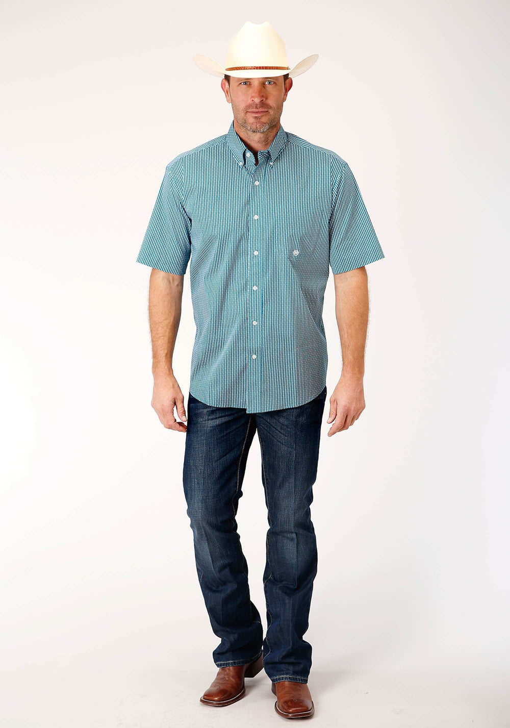 Roper MENS SHORT SLEEVE BUTTON ARROW ROPER PRINT TEAL WESTERN SHIRT - Roper - Flyclothing LLC